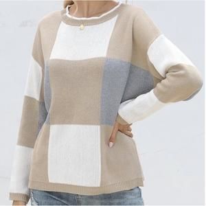 NEW ESLEY COLLECTION squares printing knit sweater top in beige, gray, white
